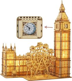 Music Park 3D Puzzles Big Ben Real Clock with Night Light Wooden Model Kits for Adults to Build Ferris Wheel Craft Christmas and Birthday Gifts Home D