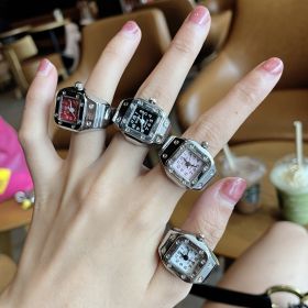 Mini Finger Ring Watch Square Quartz Easy Reader Watch Alloy Case Watch 4 Colors Valentine's Day Gift For Her (Color: Red, size: 2 pc)